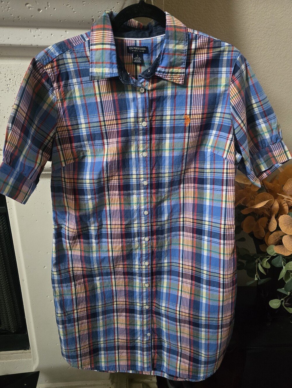 U.S. Polo Assn. Multi-Color Blue Plaid Short-Sleeve Button-Down Shirt Dress